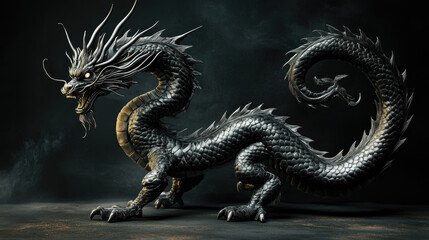 Obraz premium a black Japanese dragon, whole body on show, fierce look