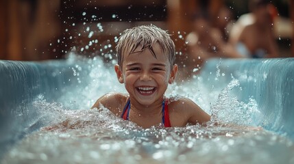 Fototapeta premium A young boy is having fun at a water park he is smiling and laughing while sliding down a water slide the water is splashing around 
