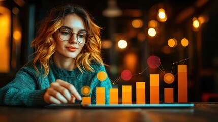 Young woman analyzing interactive digital data graphs on a tablet, showcasing business analytics, modern technology, and innovation in a warm and focused ambiance.