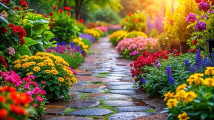 A colorful stone pathway lined with vibrant flowers and glistening dew droplets