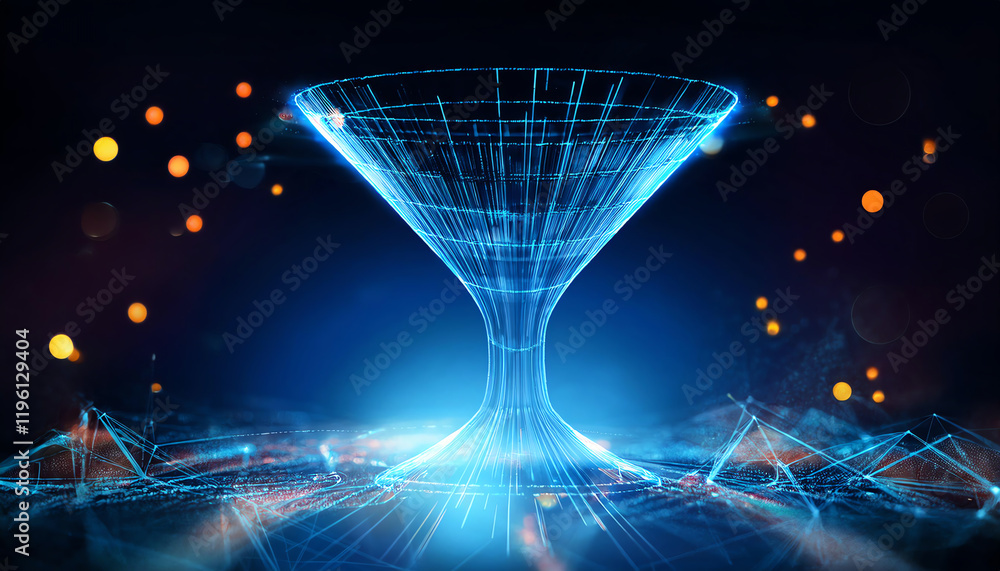 Poster a futuristic blue holographic funnel is depicted, surrounded by glowing dots and abstract data patte