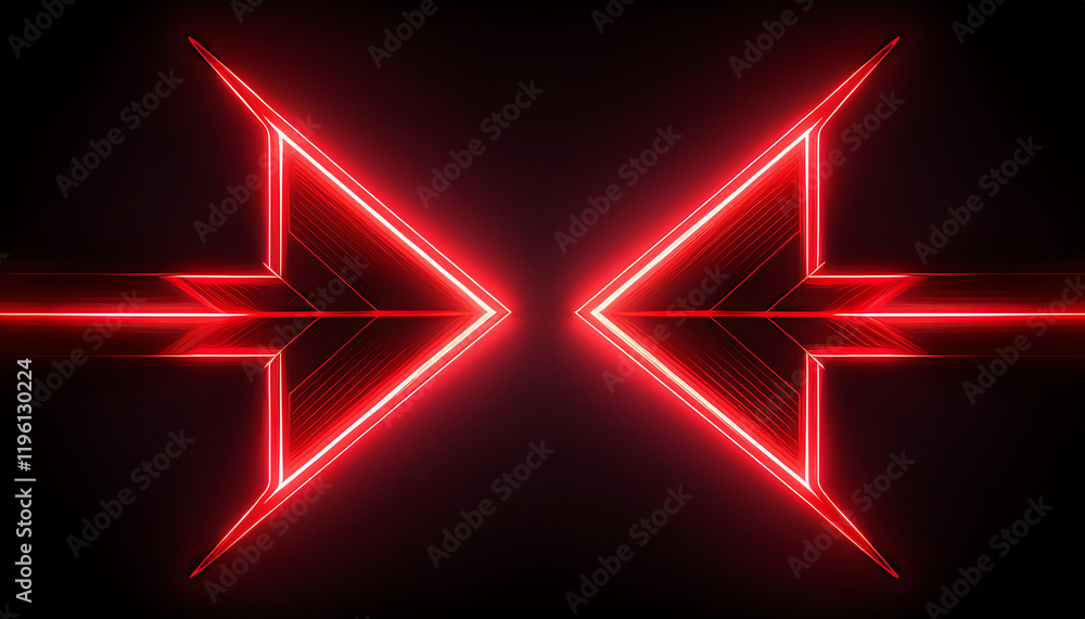 Poster a striking visual of two red neon arrows pointing inward against a dark background, creating a dynam