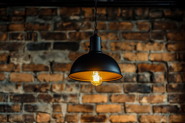 Obraz premium An industrial-style black metal lamp hangs from the ceiling, casting light from a single exposed bulb against a rustic brick wall backdrop.