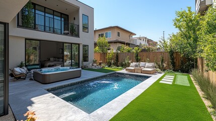Luxury Backyard Oasis: Modern Home with Pool, Hot Tub, and Lush Landscaping
