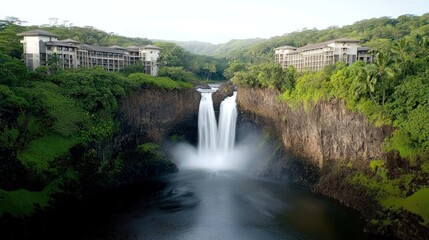 Obraz premium Scenic waterfall surrounded by lush greenery and modern buildings.