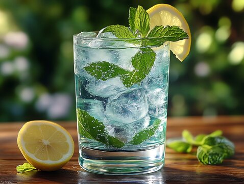 Refreshing mint lemonade with ice in a glass on wooden table.