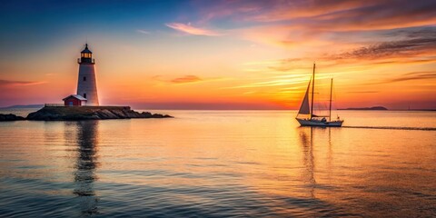 A serene coastal landscape with a sailboat and a lighthouse in the distance at sunset, ocean, calm,  ocean, calm