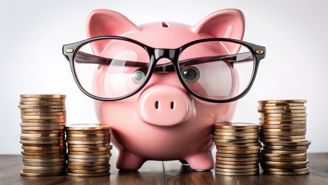 A piggybank filled with coins and surrounded by stacks of discounted glasses frames , discount, wallet