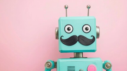 Fototapeta premium Quirky Toy Robot with Curly Mustache and Big Eyes Against a Pink Background