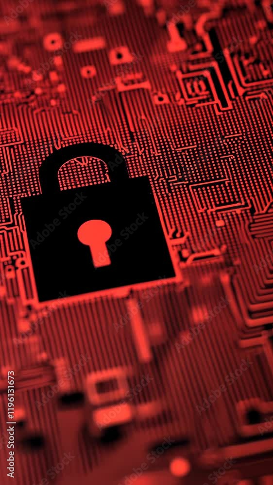 Poster digital security concept with a padlock symbol over a circuit board background in red colors
