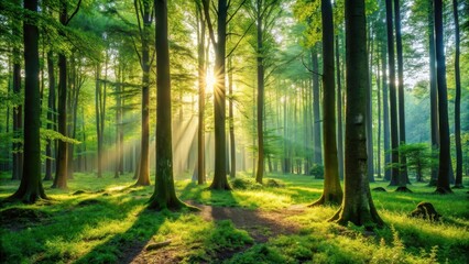 A serene forest scene with tall trees and lush greenery illuminated by bright sunlight filtering through the canopy, casting dappled shadows on the forest floor , foliage, sunlight