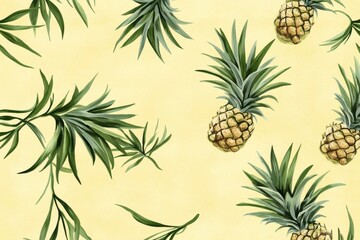 Watercolor pineapples and tropical leaves on yellow background.