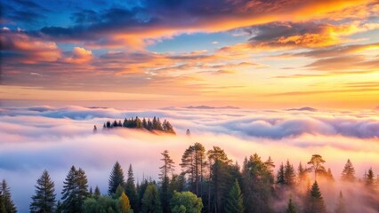 Fototapeta premium Soft pink and orange hues illuminate a serene landscape with towering trees and a vast expanse of fluffy white clouds against a light blue sky at dawn, nature, soft light