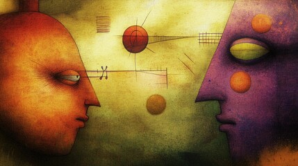 Two abstract figures engage in a visual conversation, exploring human connection through color and form