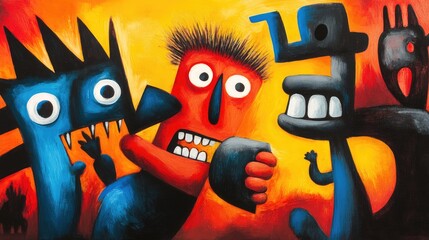 Bold and vibrant abstract artwork showcasing expressive figures in a dynamic confrontation during a lively artistic expression