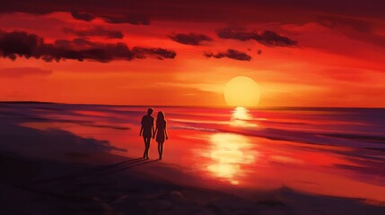 Fototapeta premium Couple walking beach sunset, holding hands, fiery sky.