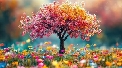 Fototapeta premium Vibrant Blossoming Tree Surrounded by Colorful Flowers in a Serene Spring Landscape