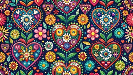 Colorful Heart Seamless Pattern with Floral Accents and Geometric Shapes, abstract, love,  abstract, love
