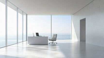 Fototapeta premium Businessperson at Empty Office Desk with Natural Light and Minimalism