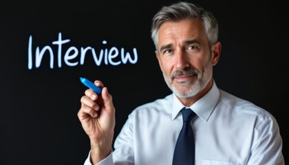 A middle-aged man in shirt and tie writing 'Interview' on a black canvas with a blue marker