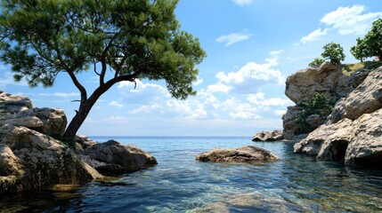 Serene Seascape with Lone Tree