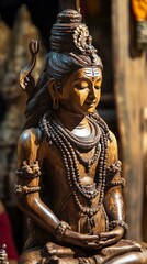 Obraz premium Close-up of a serene wooden Shiva statue in a meditative pose, adorned with intricate details and a sacred third eye.