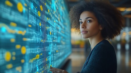 Woman analyzing data on a large interactive screen.
