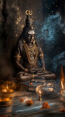 Serene meditating Shiva statue with candles and smoke.