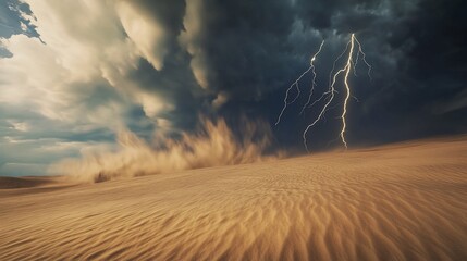 Desert sandstorm with lightning and dramatic clouds.