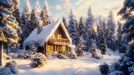 Naklejka premium A cozy winter chalet tucked in a snowy forest, with snow-laden trees all around, forming a tranquil and picturesque winter scene. Windspire. Illustration