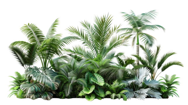 Group of tropical palm trees with detailed foliage, isolated on white background