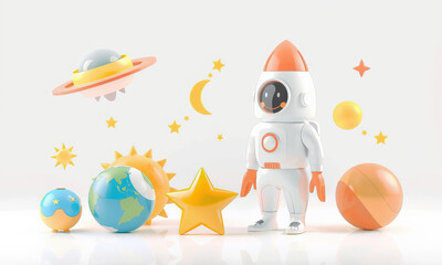 colorful astronaut toy stands among planets, stars, and sun, creating playful and imaginative scene. This vibrant setup inspires creativity and exploration