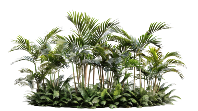 Group of tropical palm trees with detailed foliage, isolated on white background