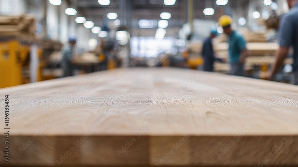 Poster empty wooden tabletop in workshop with blurred background scene