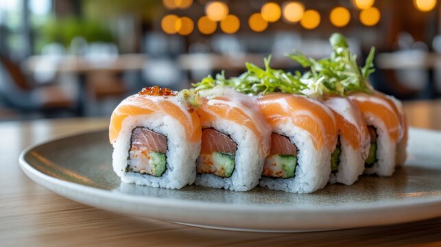 Gourmet sushi plate on wooden table with stylish blurred restaurant background