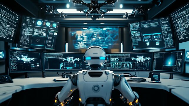 A robot operating autonomous security drones in a futuristic surveillance command center with multiple screens and control panels, clean and secure environment, Security-tech style