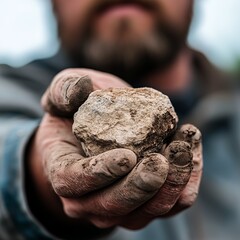 Closeup of a geologist man's hands holding a rough stone.