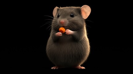 Cute grey mouse holding orange food.