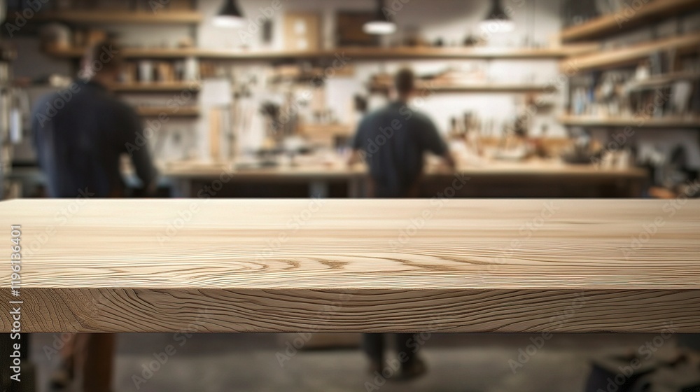 Poster empty wood tabletop set against blurred background in workshop