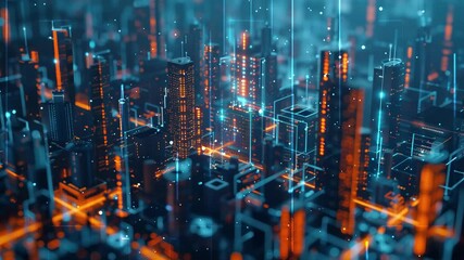 futuristic digital cityscape with neon lights and intelligent network simulation seamless looping overlay 4k virtual video animation background - Powered by Adobe