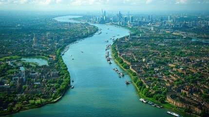 Obraz premium Aerial View of a River Winding Through a Cityscape with Skyscrapers