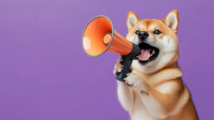 Japanese dog, Shiba Inu, purple background, Shiba Inu holds a megaphone in hand, simple, cute
