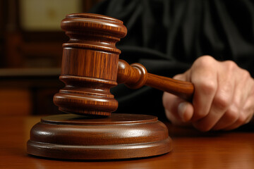 A wooden gavel is being held in the judge's hand, about to be raised high in front of them emphasizing the focus entirely onto their hand with the gavel. Law concept idea.