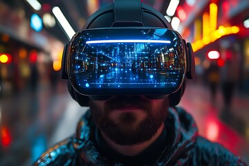 Man in VR headset exploring digital city.