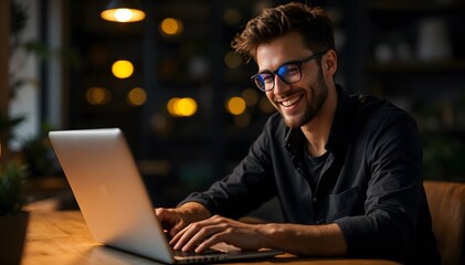 Smiling Man Works on Laptop in Warm Evening Light