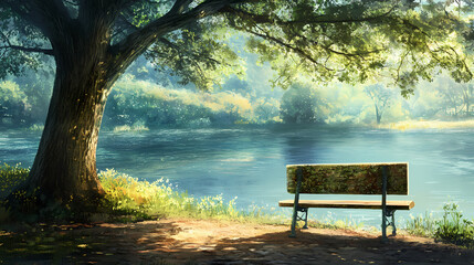 The tranquil lakeside bench sits peacefully under the lush canopy of a towering tree, providing a serene spot for quiet reflection and mindful meditation. Shadowsong. Illustration