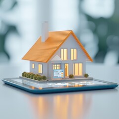 house financial investment mortgage concept. Miniature house model on a tablet screen, symbolizing digital real estate concepts.