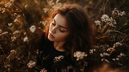 Beautiful woman with eyes closed surrounded by wildflowers in a field at sunset