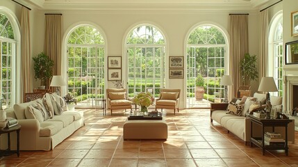 Fototapeta premium Bright, elegant living room with large windows and comfortable seating.