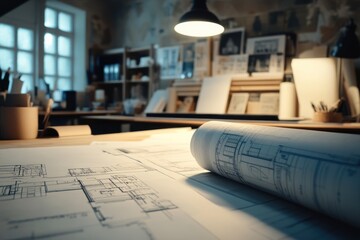 Architectural Blueprint in Cozy Studio with Warm Light